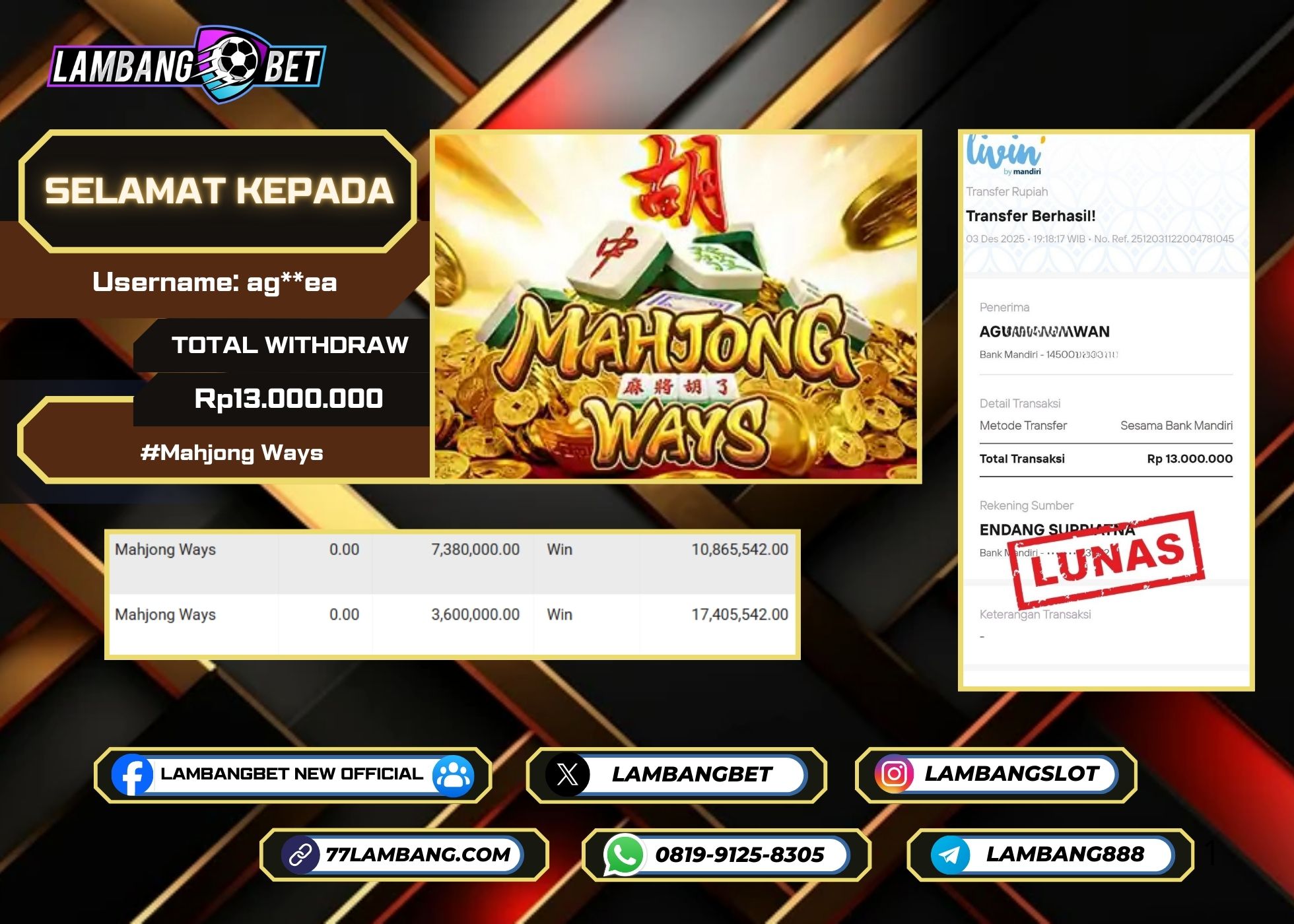 LAMBANGBET [3 DESEMBER 2025] JACKPOT SLOT Mahjong Ways "Rp13.000.000" LUNAS